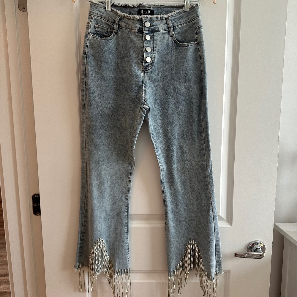 UNIQUE CRYSTAL FRINGE JEANS SZ LARGE